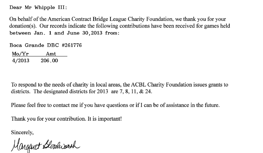 Thank you letter for donation from American Contract Bridge League Charity Foundation