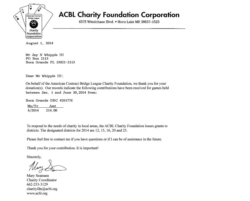 Thank you letter for donation from ACBL Charity Foundation