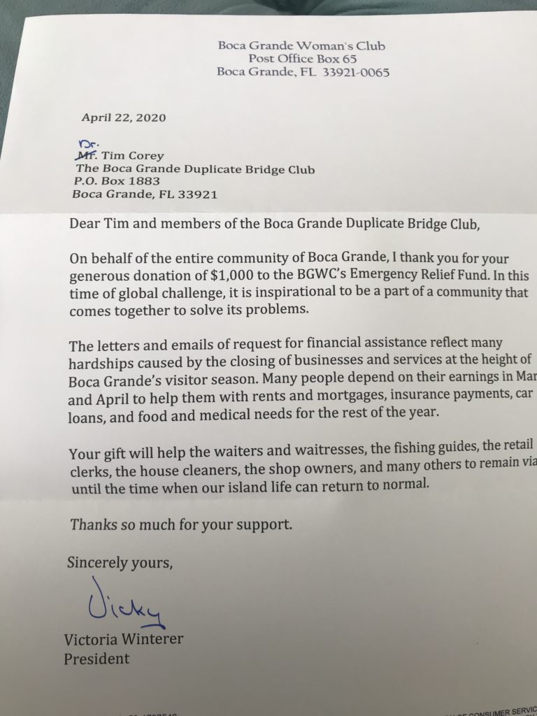 Letter of thanks from the Boca Grande Woman's Club