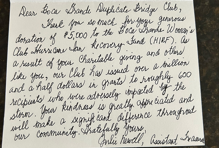 Thank you letter for the BGDBC's $5,000 donation to the Boca Grande Woman's Club Hurricane Ian Recovery Fund from Julie Newell, Assistant Treasurer